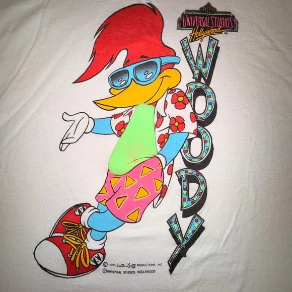 Universal Studios Woody Woodpecker T-Shirt Mens L White Good 1990 Vintage Neon - Picture 2 of 4